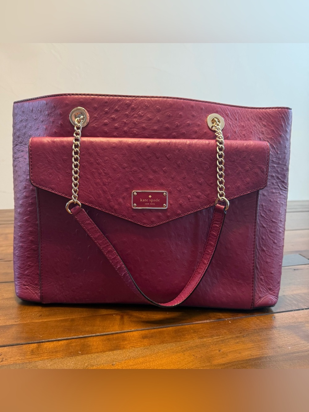 Kate Spade New York Burgundy Ostrich Embossed Leather Tote Shoulder Bag